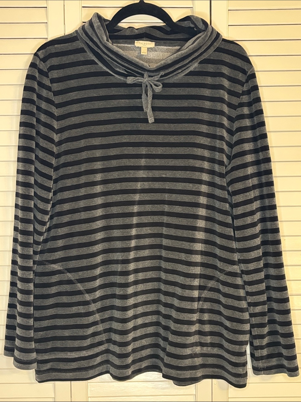 Talbots Gray and Black Striped Velour Cowl-Neck Pullover L